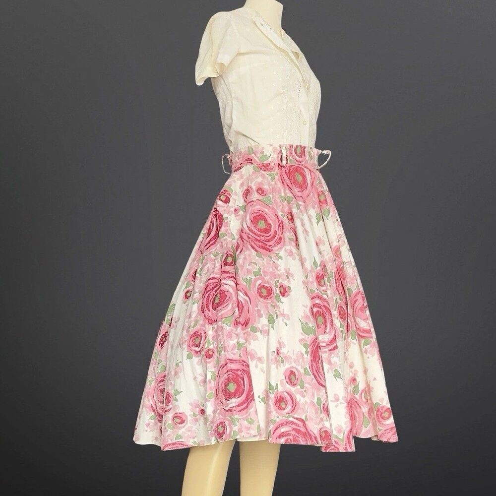 1950s Pretty in Pink Watercolor Rose Print Cotton Circle Skirt Sony Studios VNTG